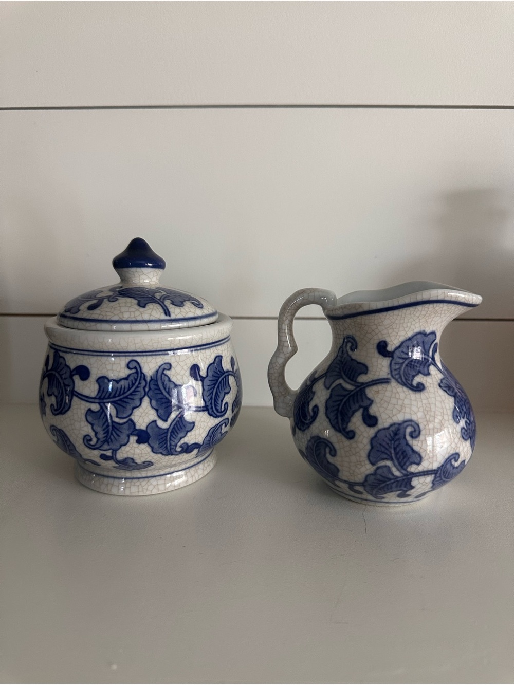 Vintage Japanese Asian White Blue Floral Crackled Glaze  Creamer and Sugar Set
